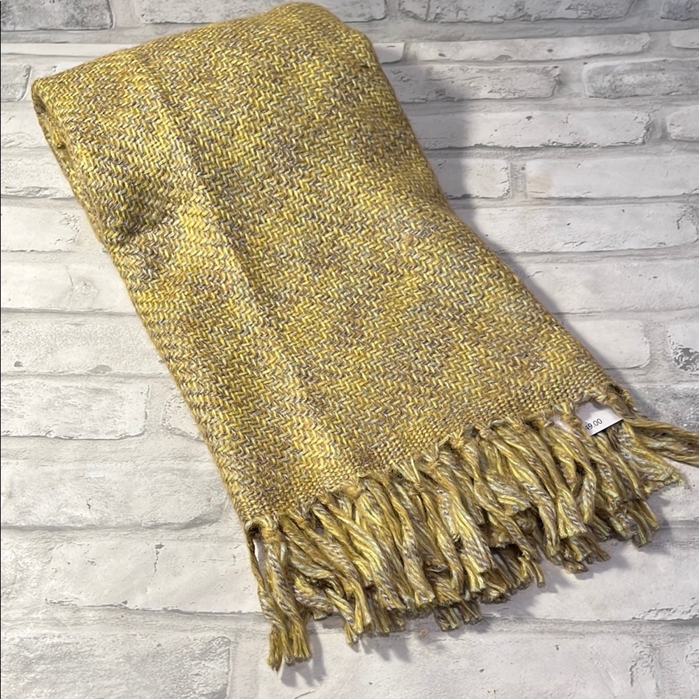 J Jill Yellow, Blue, Tan  Woven Fringe Scarf 72 inch new wool blend